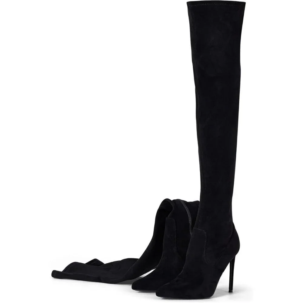 Women Black Suede Pointed Toe 4.3 inch Stilettos Thigh High Heels Stretch Boots